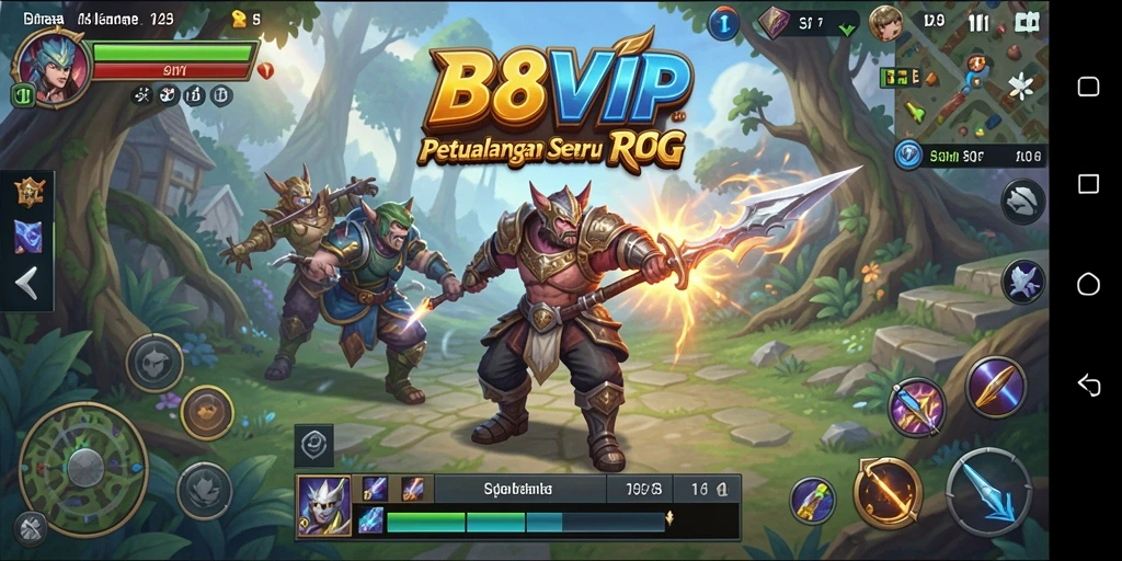 Screenshot permainan B8VIP menampilkan pertarungan seru antar karakter dalam dunia RPG.