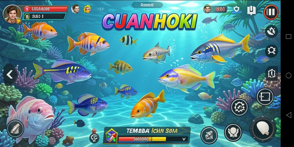 Tampilan seru gameplay Tembak Ikan CUANHOKI dengan ikan berwarna-warni.