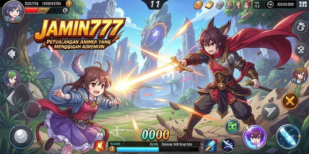 Screenshot gameplay JAMIN777 menampilkan aksi penuh warna dan karakter anime yang menawan.
