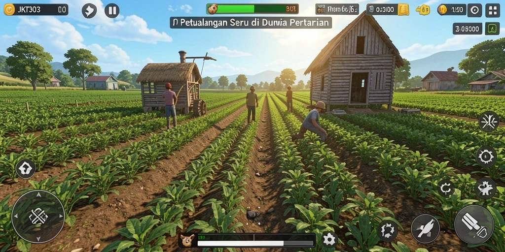 Screenshot gameplay JKT303 menunjukkan kebun rimbun dan hewan ternak yang aktif.