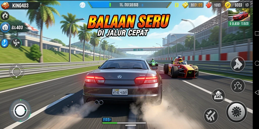 Screenshot gameplay KING403 menampilkan aksi balapan mendebarkan dengan mobil yang melaju kencang.