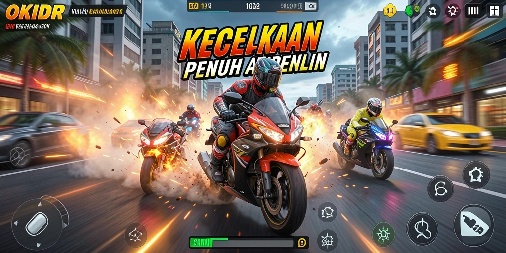 Gameplay seru balapan motor di trek yang penuh tantangan.