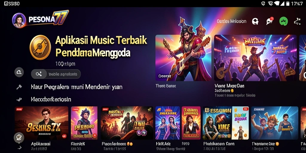 Screenshot PESONA77 menampilkan antarmuka pengguna yang interaktif untuk mendengarkan musik.