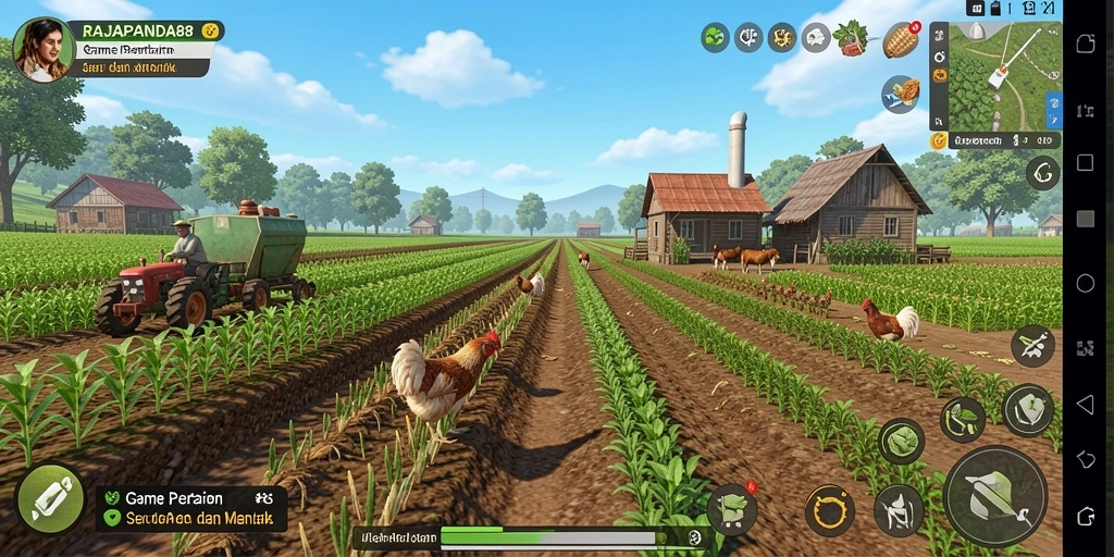 Screenshot gameplay RAJAPANDA88 menampilkan aktivitas bertani yang seru.