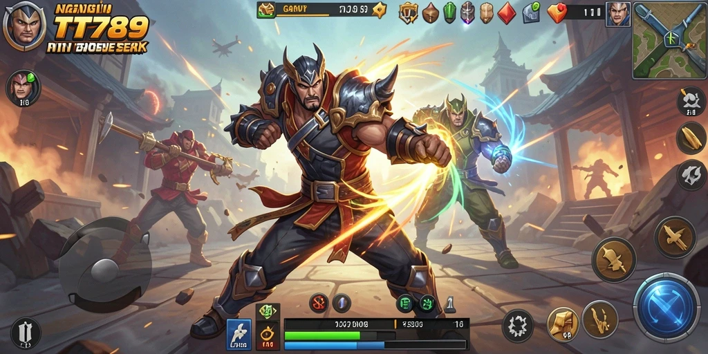 Screenshot TT789 yang menampilkan aksi pertarungan intens dan karakter menarik.