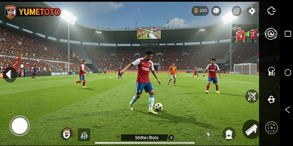 Tangkapan layar gameplay YUMETOTO dengan aksi pertandingan sepak bola.